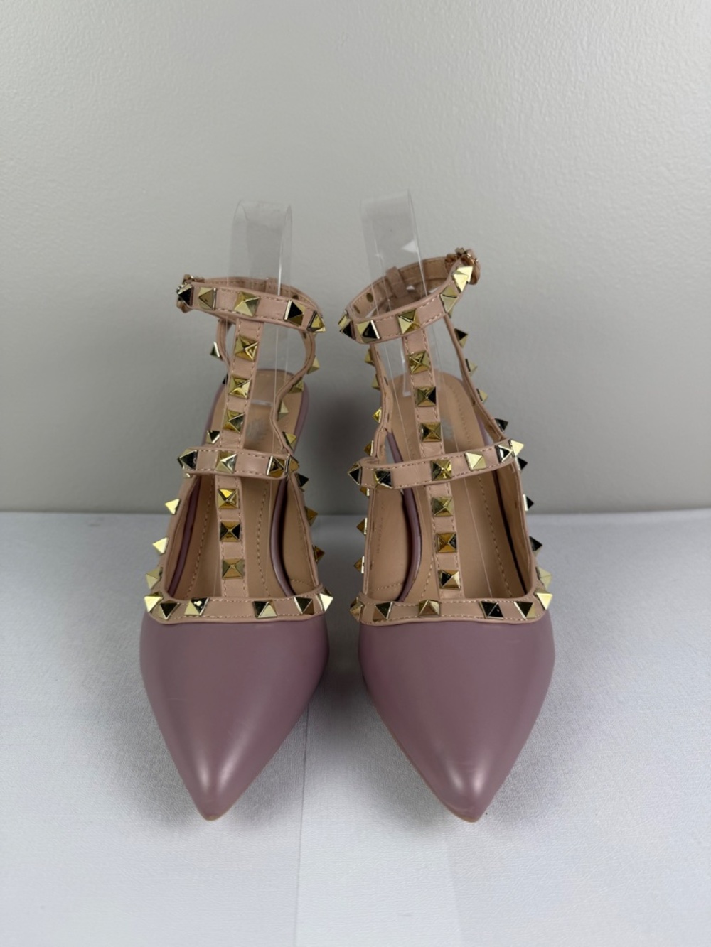 Studded T-Strap Pointed Toe Heels in Dusty Rose - Picture 2 of 10